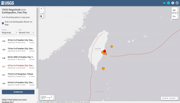 台湾東部で「M6.7」最大震度6弱の地震が発生…ここ数日、台湾ではM5クラスの地震が相次いでいる模様