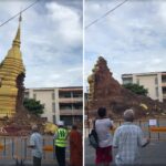 大雨で崩壊した仏塔から隠された財宝が現れる！拝む僧侶たち