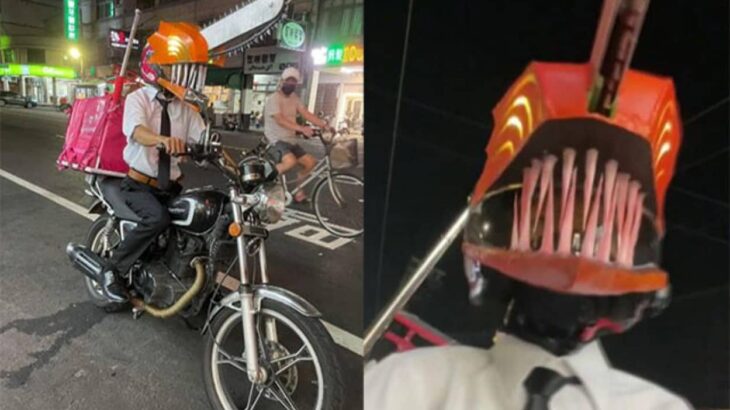 チェンソーマンが好きすぎる台湾の配達員、ヘルメットを魔改造してバイクに乗ったところ、交通違反で罰金の可能性