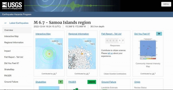 【南太平洋】サモア諸島で「M6.7」の地震…津波被害の心配なし