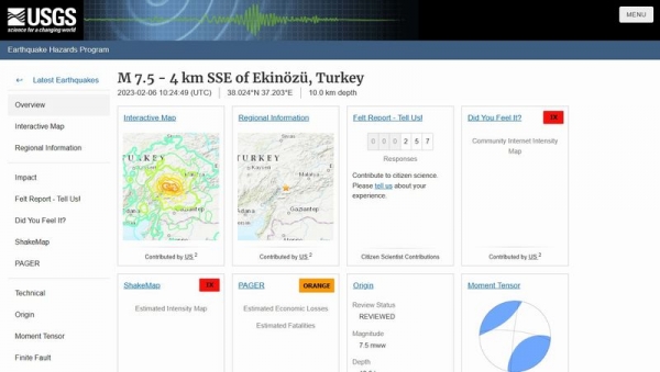 【USGS】トルコで再び「M7.5」の大地震が発生